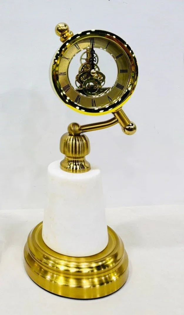 Golden Orbit Gear Clock on Marble Base
