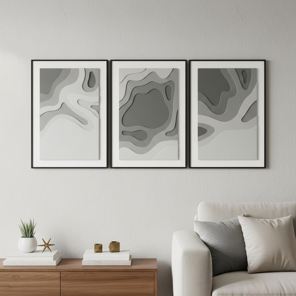 Modern Abstract Grey Wall Art – Minimalist Framed Prints (Set of 3) | Style 2