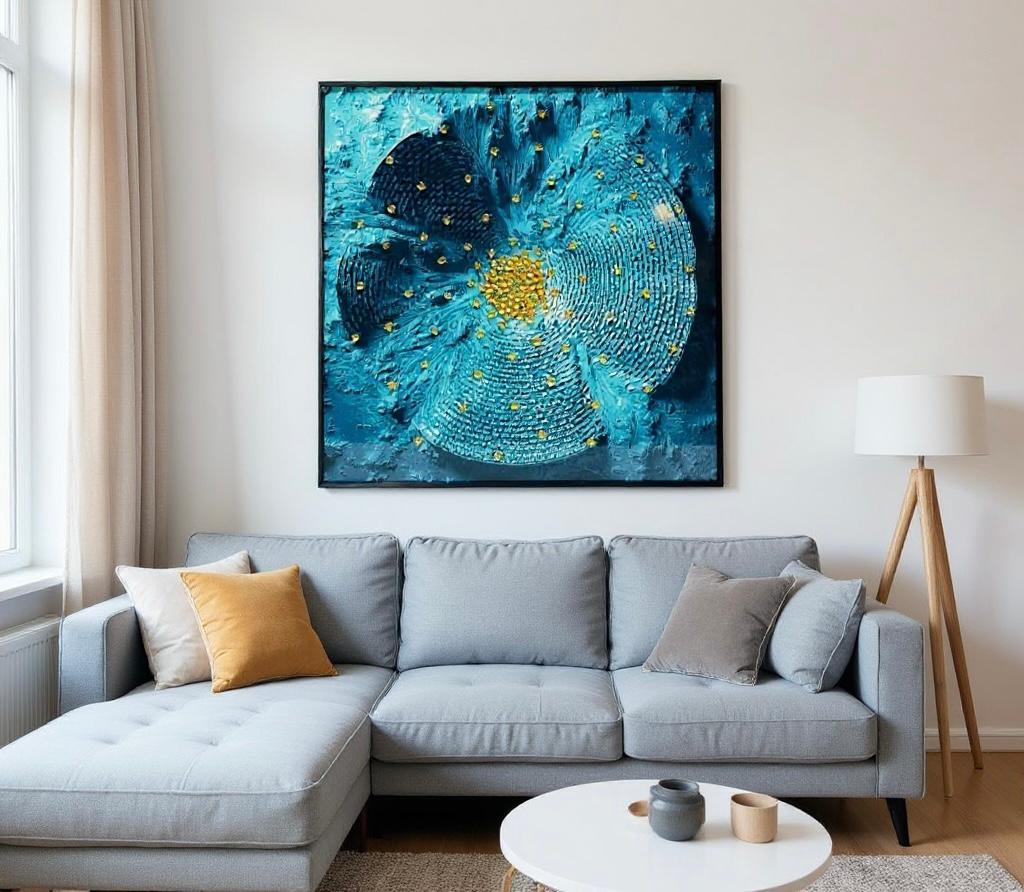 Blue & Gold Abstract Floral Wall Art – Modern Textured Statement Painting