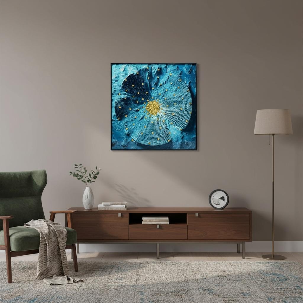 Blue & Gold Abstract Floral Wall Art – Modern Textured Statement Painting