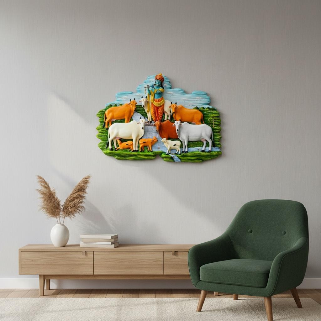 Krishna with Sacred Cows Wall Art – Traditional Indian Spiritual Home Décor | Style 1
