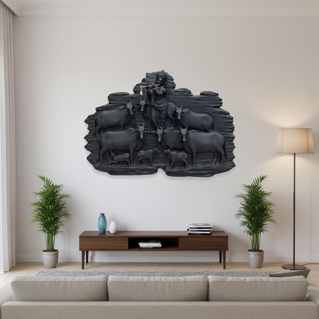 Krishna with Sacred Cows Wall Art – Traditional Indian Spiritual Home Décor | Style 2