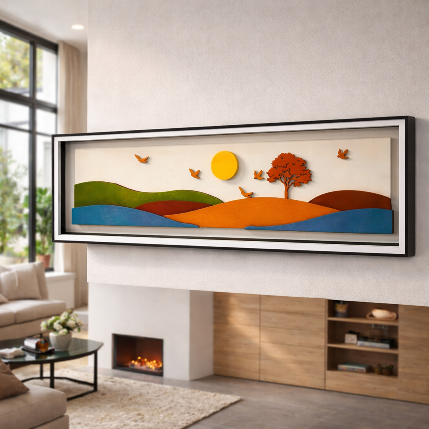 Modern 3D Layered Landscape Glass Frame Wall Art - Sunset & Nature Theme