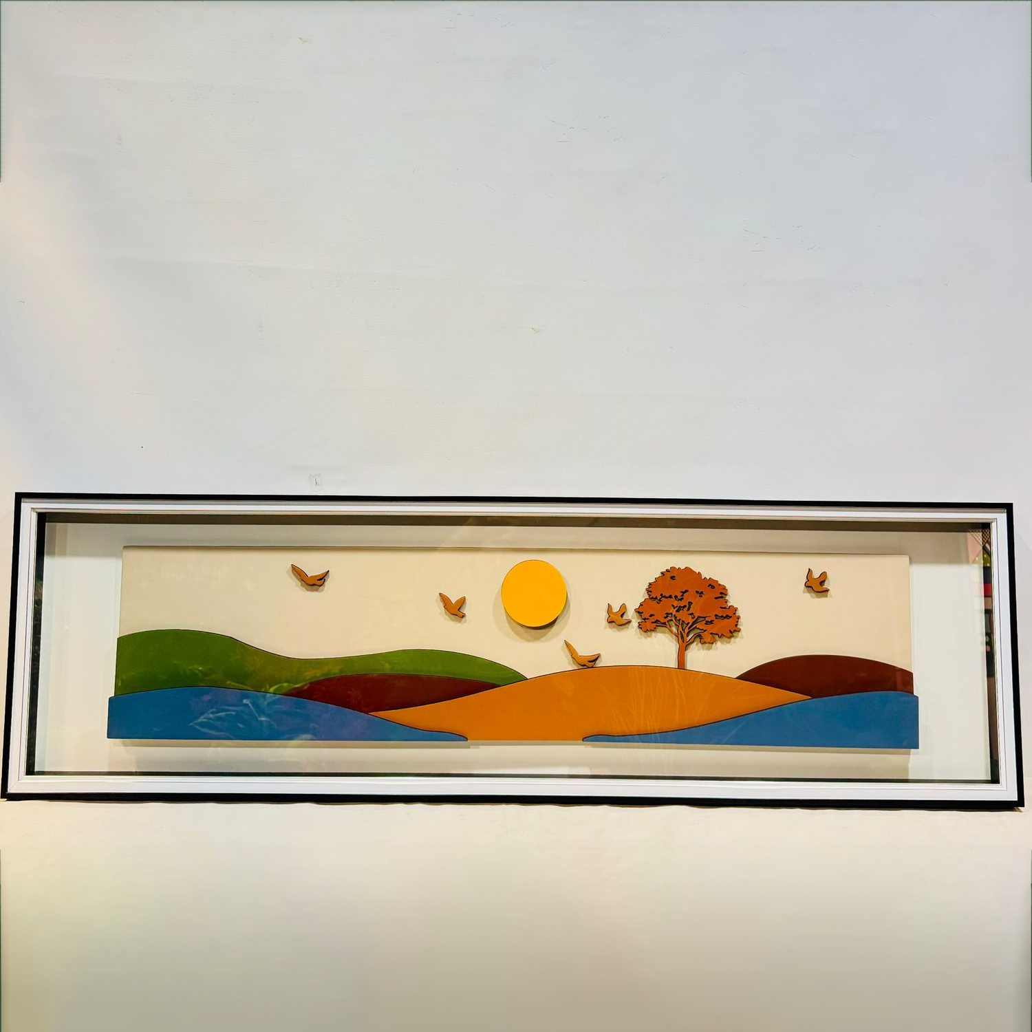 Modern 3D Layered Landscape Glass Frame Wall Art - Sunset & Nature Theme