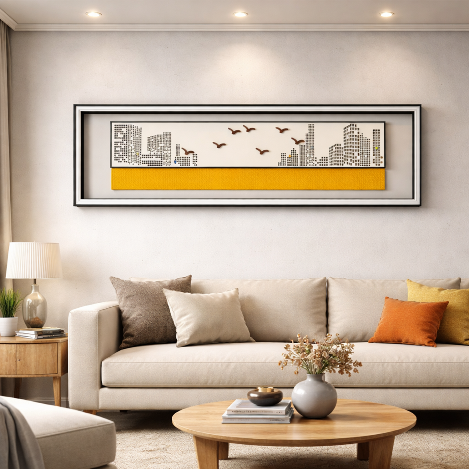 Modern Urban Skyline & Birds Relief - Long Glass Frame