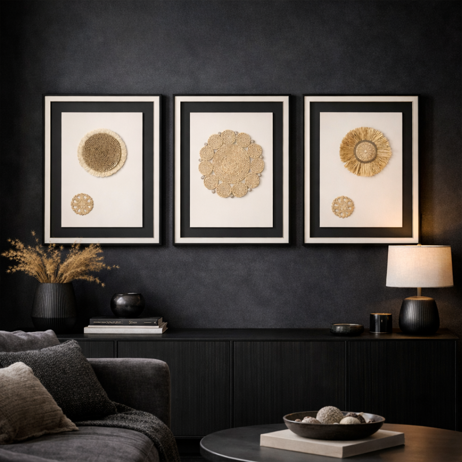 Artisanal Boho-Chic Woven Wall Art – Premium 3 Piece Set Glass Frame