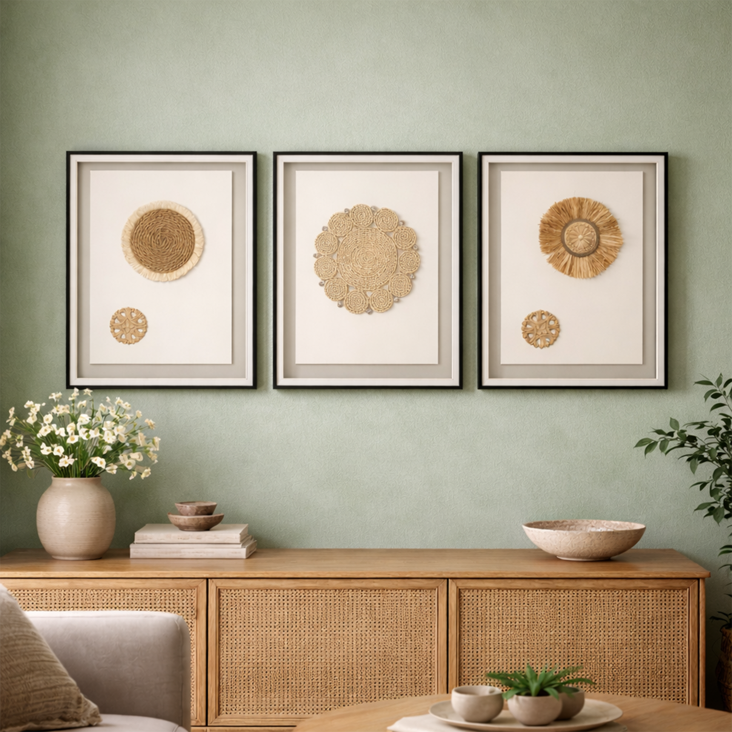 Artisanal Boho-Chic Woven Wall Art – Premium 3 Piece Set Glass Frame