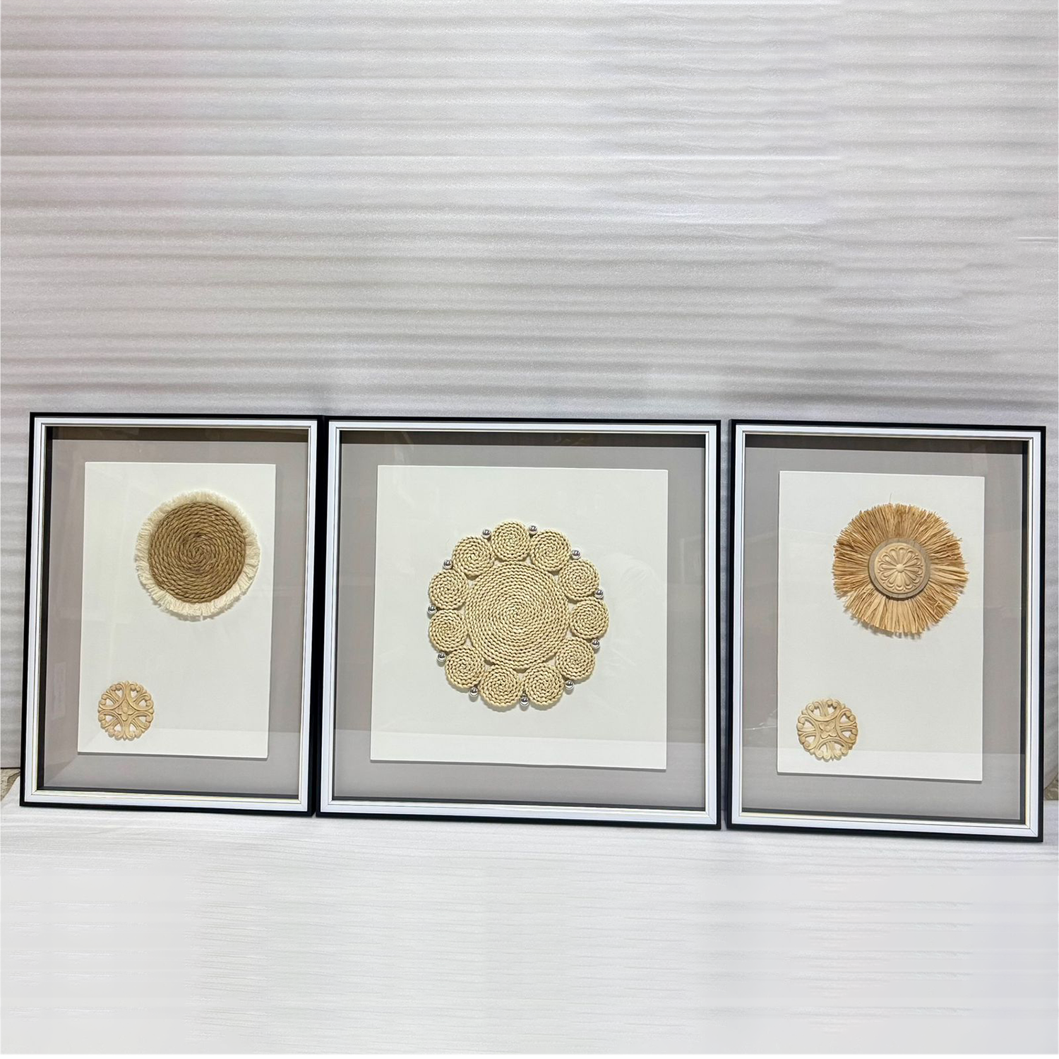 Artisanal Boho-Chic Woven Wall Art – Premium 3 Piece Set Glass Frame