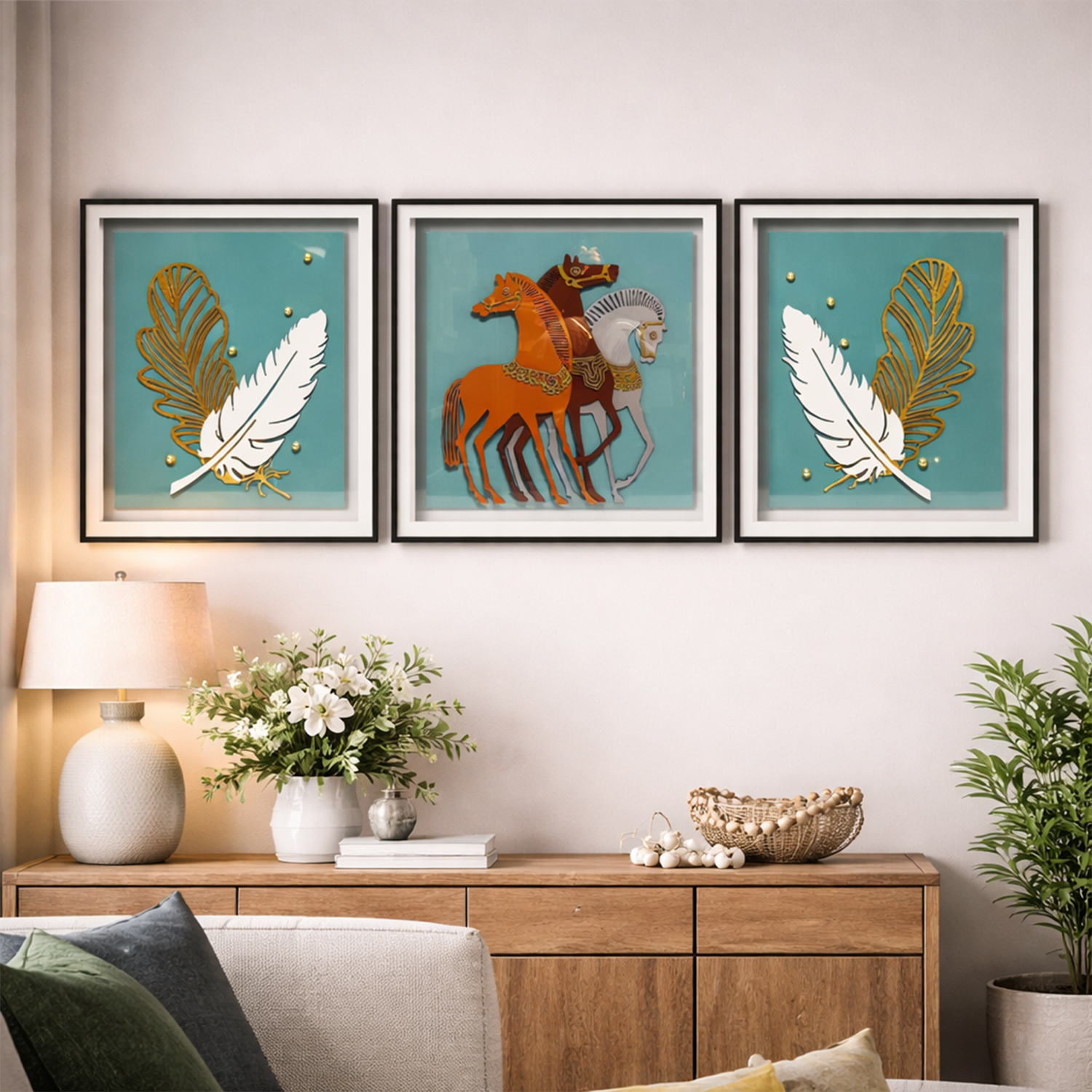 Majestic Trio: 3-Piece Glass Framed Horse and Feather Triptych Wall Art