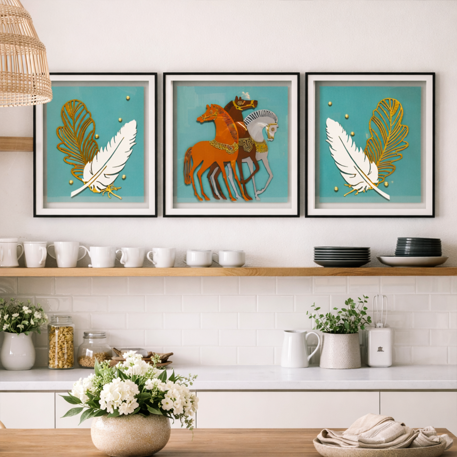 Majestic Trio: 3-Piece Glass Framed Horse and Feather Triptych Wall Art