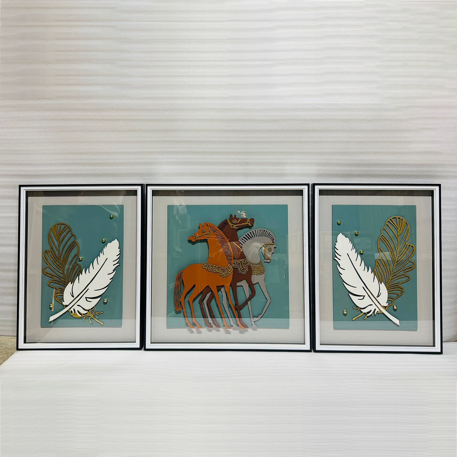 Majestic Trio: 3-Piece Glass Framed Horse and Feather Triptych Wall Art