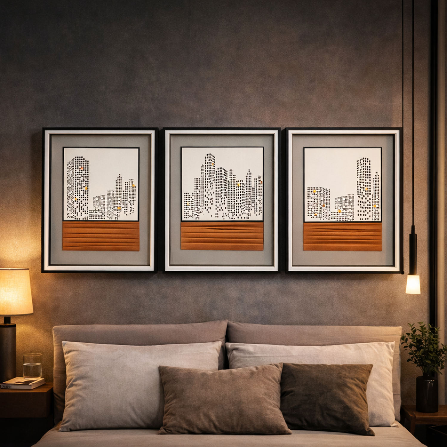 Monochrome Modern Cityscape 3 Piece Set Glass Frame