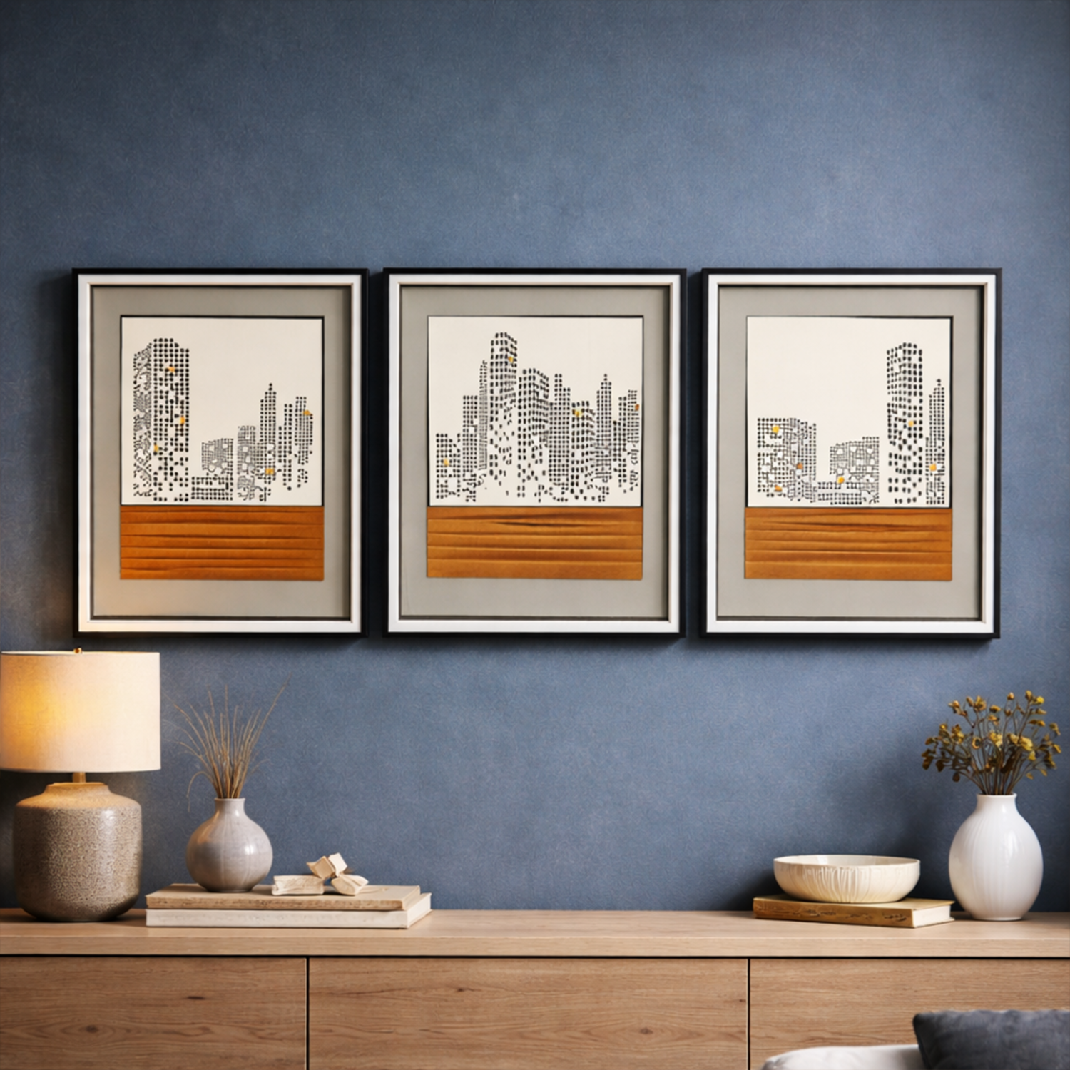 Monochrome Modern Cityscape 3 Piece Set Glass Frame