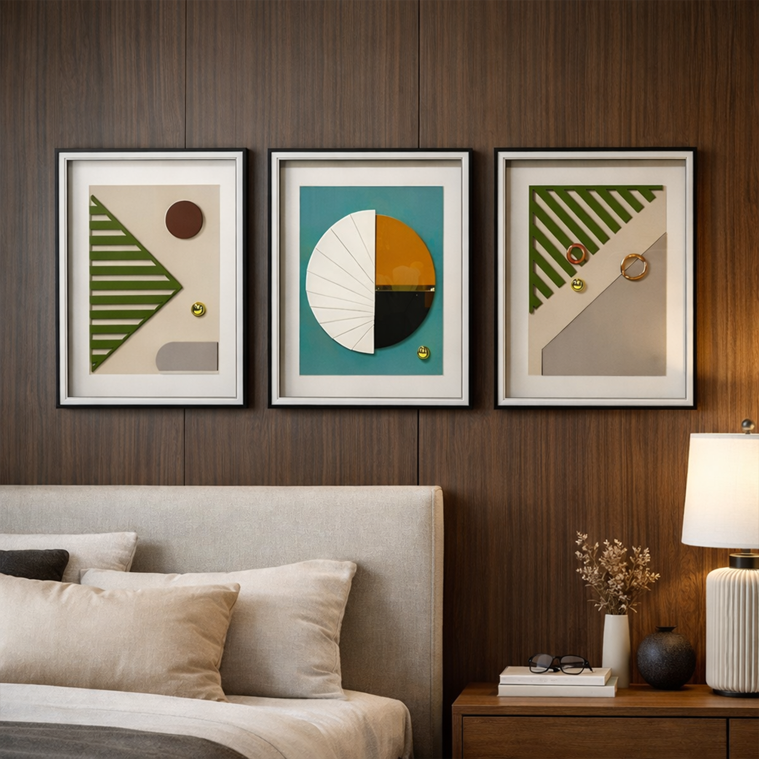 Premium 3-Piece Geometric Abstract Wall Art Set in Glass Frame