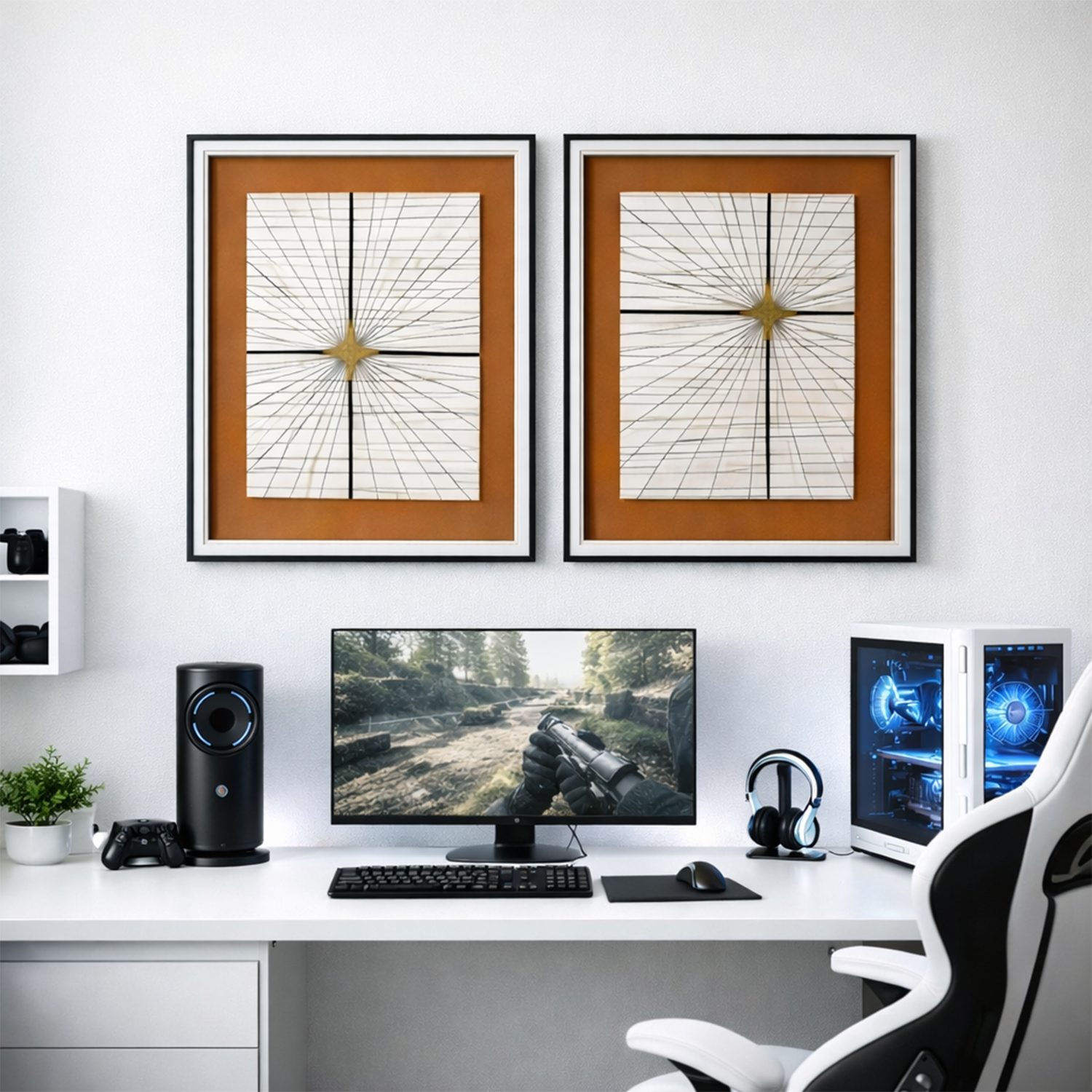 Geometric Convergence: 2-Piece Abstract Linear Art Set in Premium Glass Frames