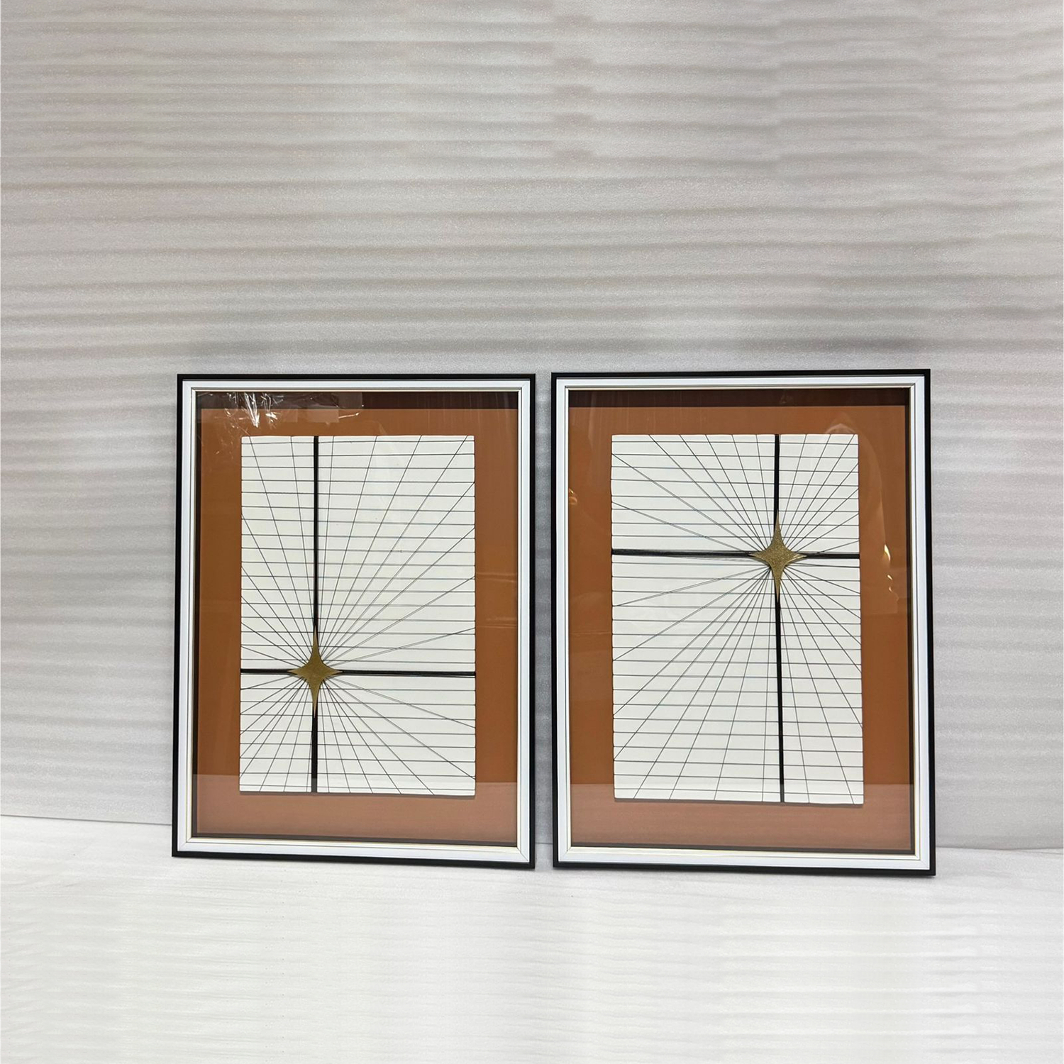 Geometric Convergence: 2-Piece Abstract Linear Art Set in Premium Glass Frames