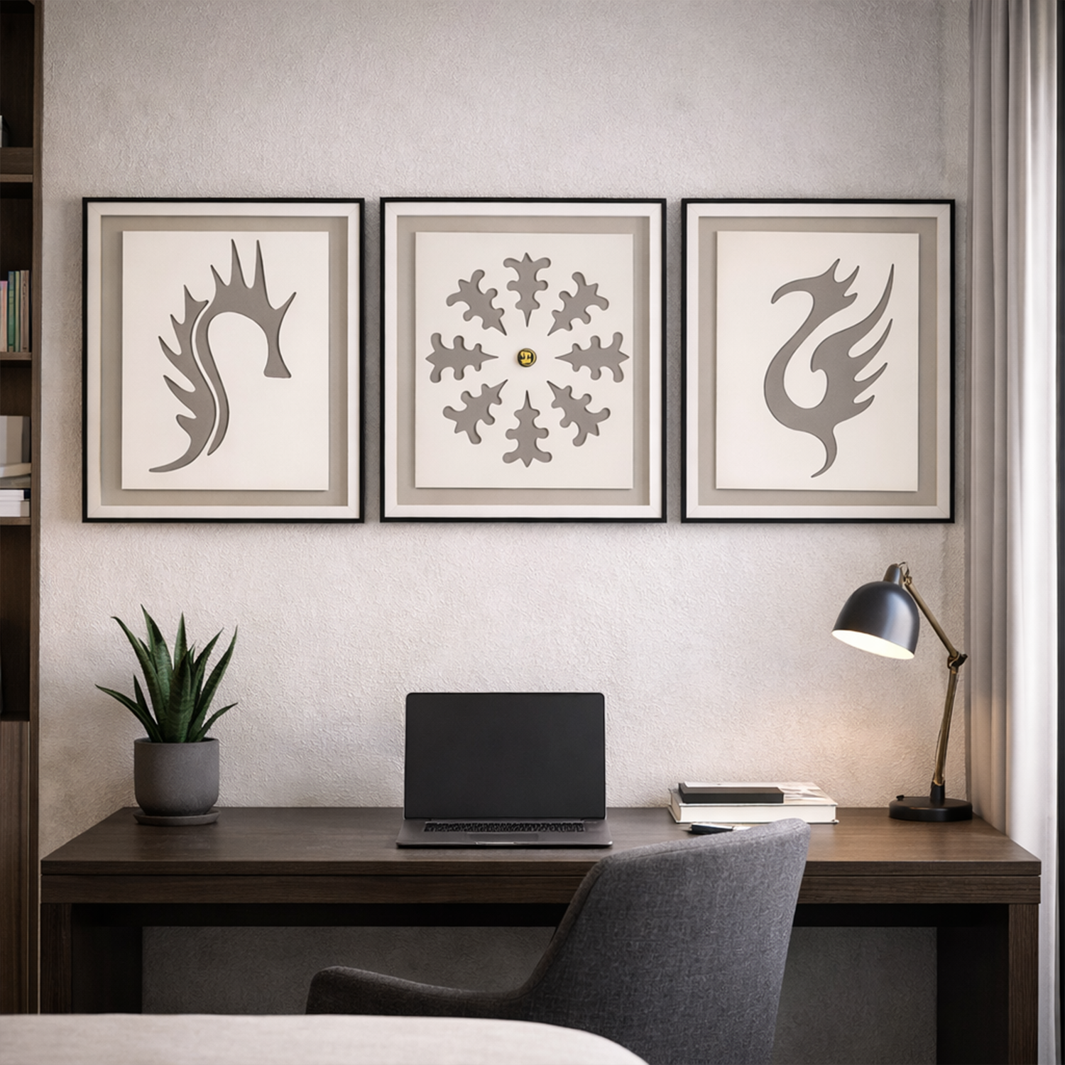 Silver Bloom Triptych: Modern 3-Piece Glass Frame Set with Central Mandala