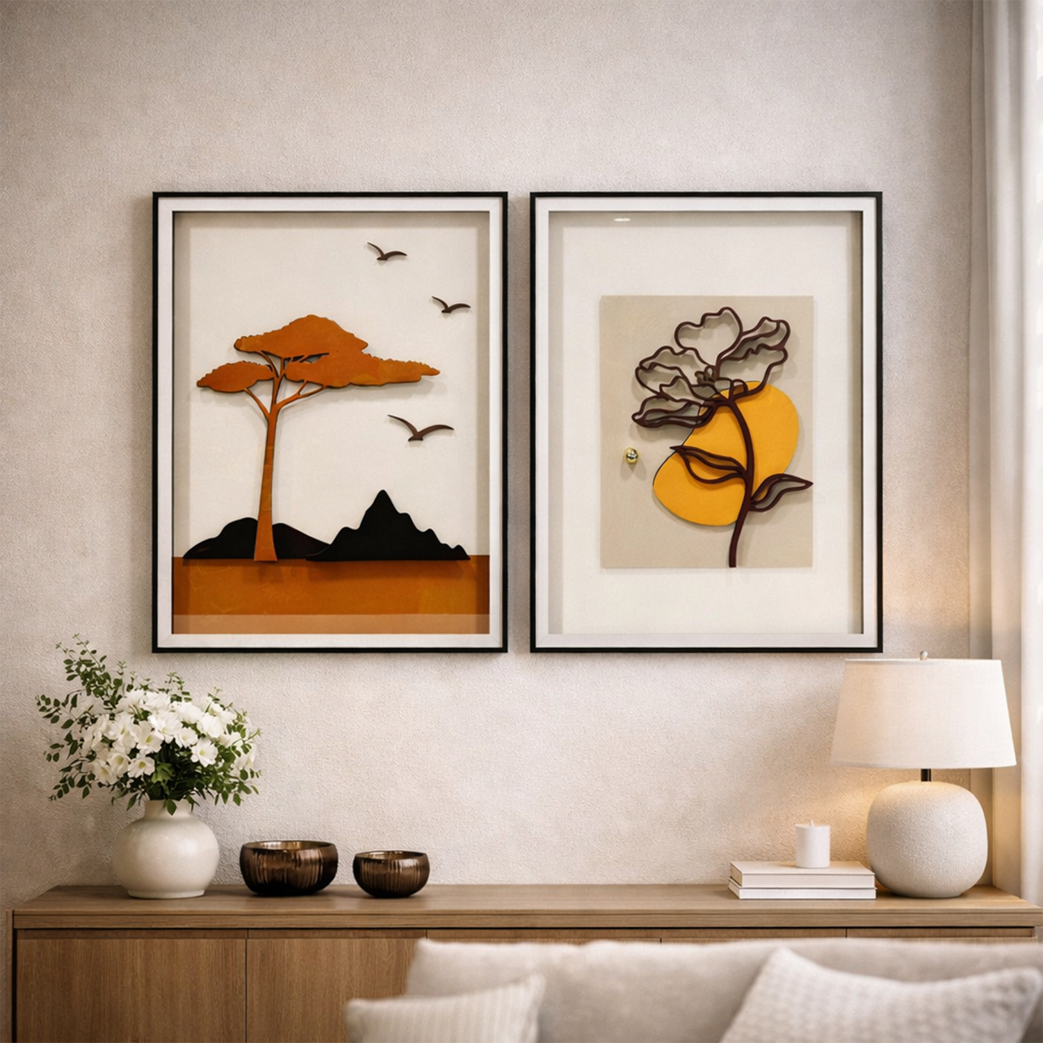 Modern 3D Layered Nature Art: Earthy Landscape & Botanical Glass Frame Set